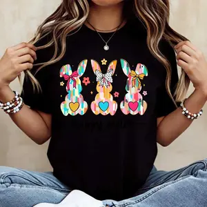 Easter Bunny and Happy Easter Text Print Open Fork Set White Crewneck T Shirt for Spring Holiday Celebrations