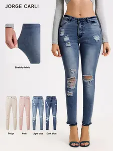 JORGE CARLI Women's Low Waist Stretch Jeans, Button Decoration, Distressed Look, Fashionable Female Clothing, Trendy Denim Jeans