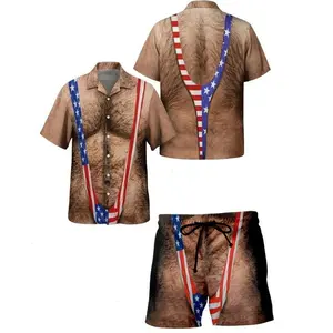 [Deal Now] Funny Patriotic Hawaiian Shirt & Mesh Shorts Set for Men – American Flag Suspender Print Outfit, 4th of July Independence Day USA Flag Summer Vacation Clothing
