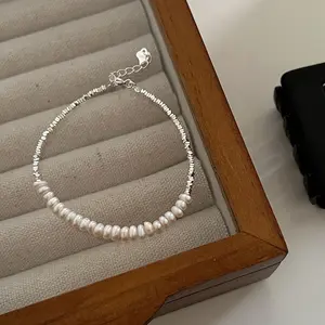 Broken Silver Pearl Bracelet 925 Sterling Silver Irregular Cut Niche Design