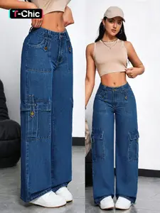 Women's Stretchy Multi-Pocket Jeans Pants, Womenswear, Fitted Straight Leg Denim Jeans, Casual Street Style, Streetwear, All Seasons, Elegant Design