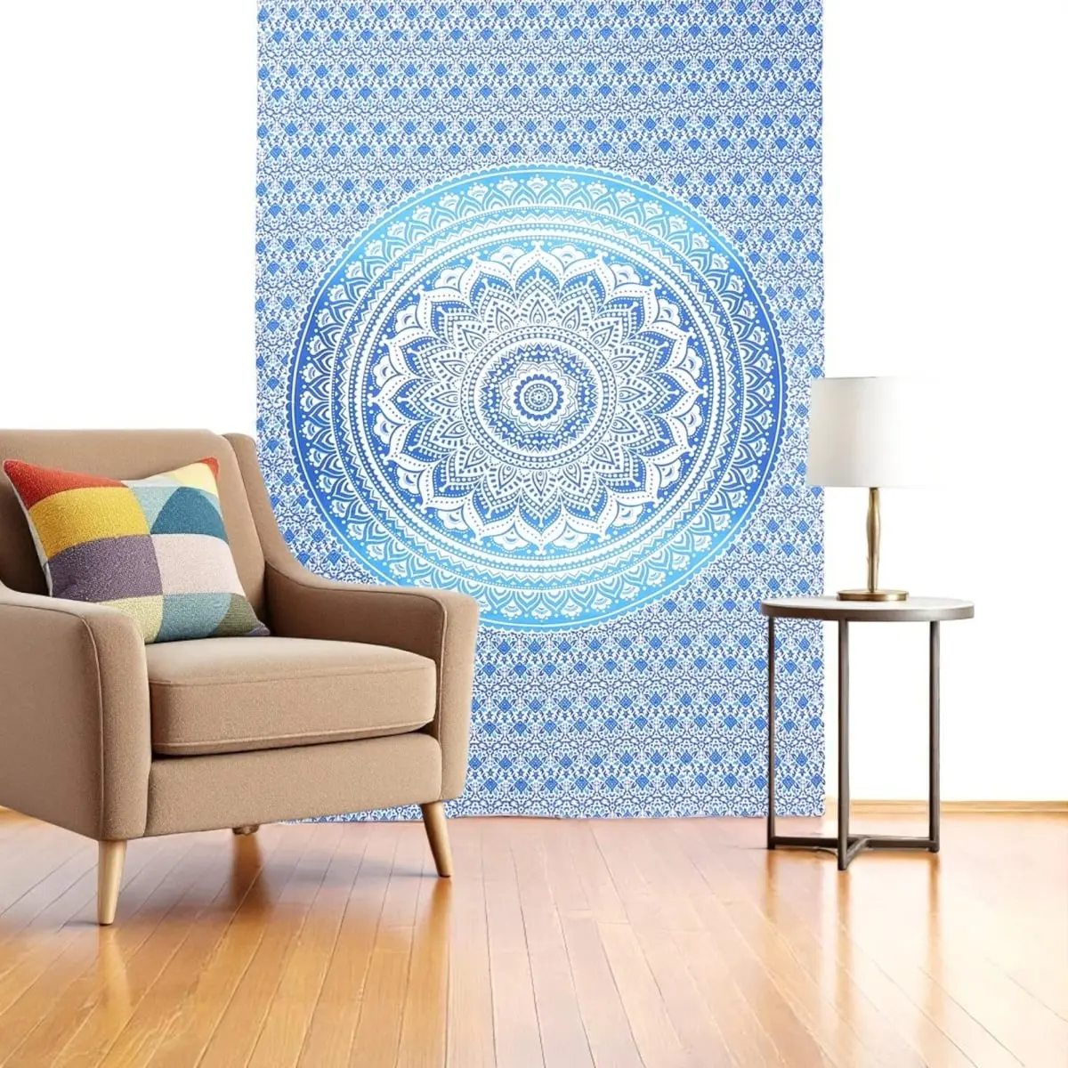 360 Stand Large Rectangle Handmade Bohemian Blue & White Mandala Cotton Hanging Tapestry, 80X56" in, Decorative Indoor-Outdoor Home Wall Accent Decor, Home Decor Supplies, Room, Decoration Items, Room Art, Vertical