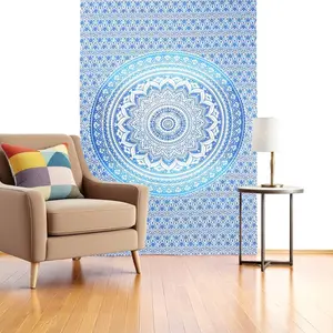 HomeRoots 397186 80 x 56 in. Blue & White Mandala Cotton Hanging Tapestry