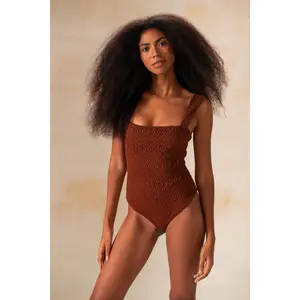 Crochet Square-Neck One-Piece Swimsuit – Off White & Rust | Brazilian Swimwear