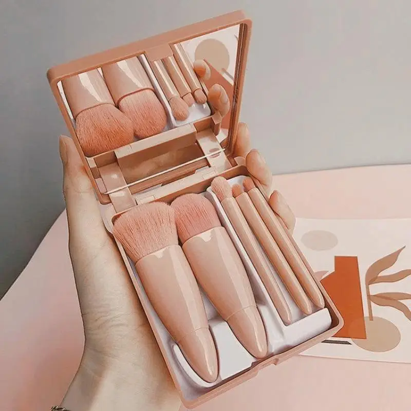 Portable Makeup Brush Set, 5 Counts/set Mini Travel Makeup Brush Set, Professional Makeup Tools with Mirror for Women & Girls