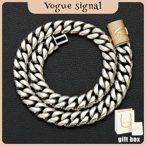 Silver Chain with Gold Clasp Cuban Link Chain Necklace for Men, 14mm Heavy Miami Cuban with A–Z Initial Letter Clasp, Gothic Punk Hip Hop Style, Personalized Matching Jewelry Set Gift for Him, Bold Statement Daily Wear