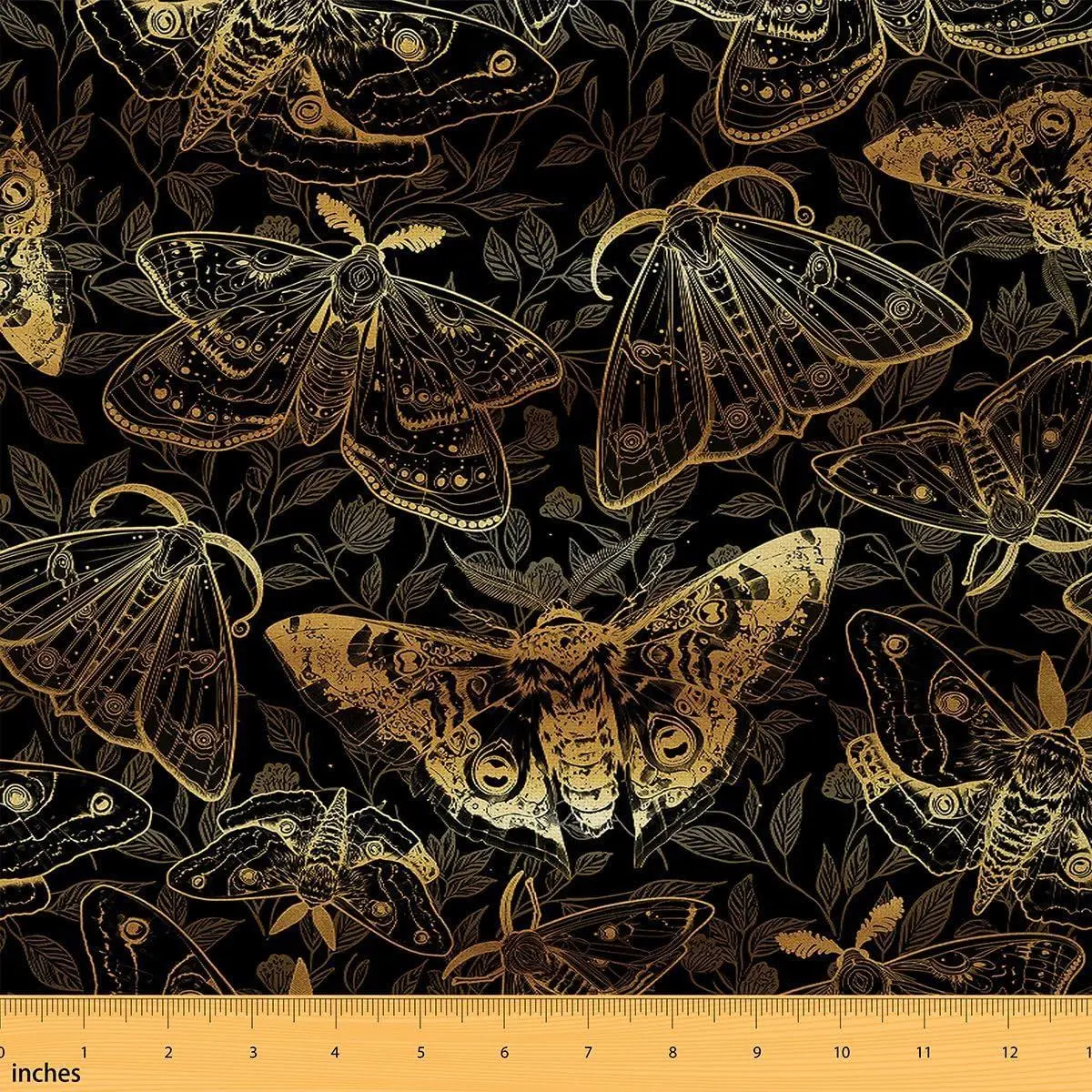 Death Moth Fabric Damask Pattern Upholstery Fabric Sewing Crafting Black Gold Waterproof Indoor Outdoor Decor Home DIY Projects Retro Leaves