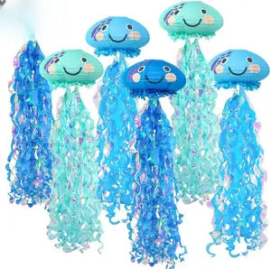 Blue Jellyfish Paper Lanterns – Under the Sea Party Decorations, Hanging Smile Face Lanterns for Mermaid Theme, Ocean Birthday, Baby Shower & Classroom Decor