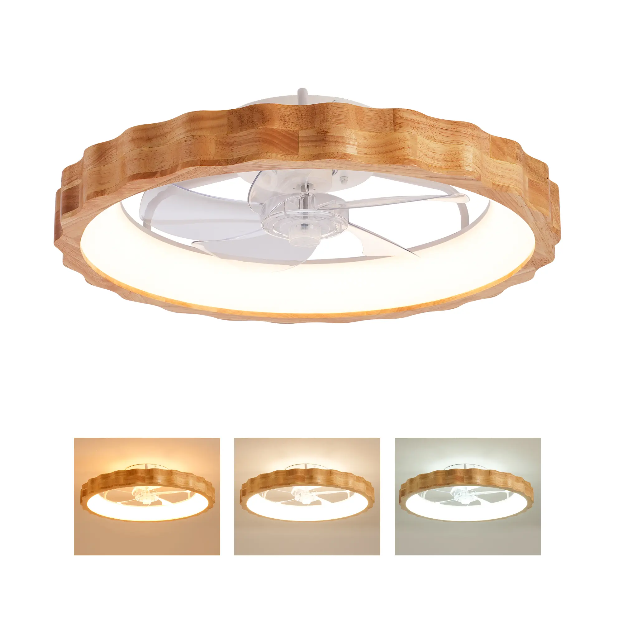 20-Inch Flush Mount Ceiling Fan with Integrated LED Light and Remote, Dimmable 3000K-6500K, 6-Speed Quiet DC Motor, Plum Blossom Design, Natural Wood + Matte White Finish