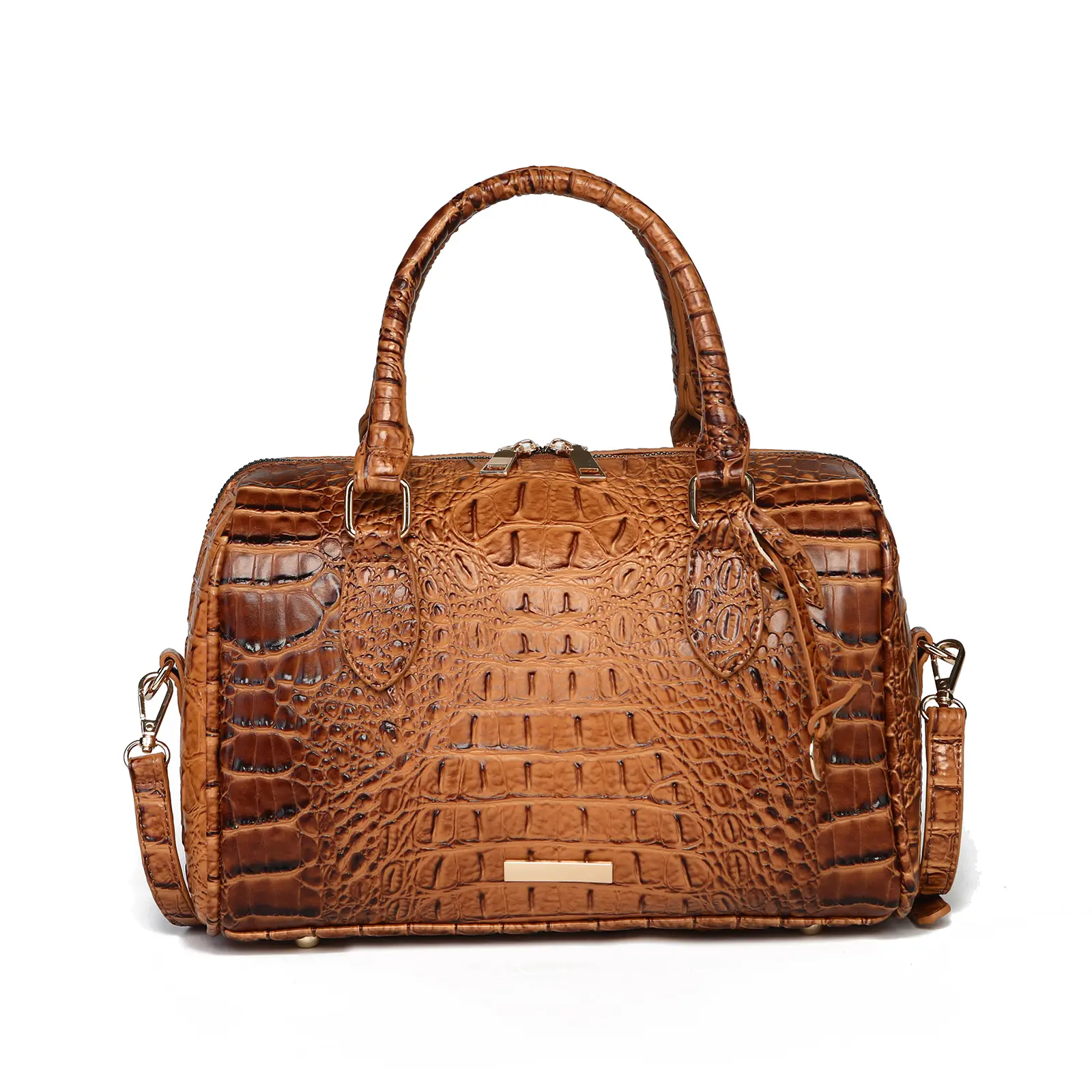 Women's Crocodile Embossed Boston Bag, Brown Ombre PU Leather Top Handle Convertible Crossbody Purse with Detachable Strap, Convertible Shoulder Bag