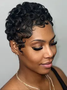 Human Hair Wig Curly Wave Pixie Cut, Ocean Wave Style 6 Inch, Full Machine Made Rose Net Cap, Suitable for Everyone Natural Human Hair