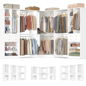 Large Closet System (Set of 3) with 4 Drawers, 8 Hanging Robs, 91.5"/151" Closet Organizer System with Corner Tower, Reversible Walk-in Closet System Corner Closet System