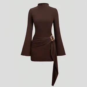 ASANDY Women's Lady Elegant Chocolate Brown Turtleneck High Neck Long Sleeves Bell-Sleeve Ruched Wrap Bodycon Mini Dress - Basic Minimalist, Metal Buckle, Versatile All-Season Clothes for Dates, Parties