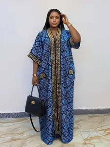 African Kafotan Blues Printed Loose Robe with Gold Ripple Border, Super Texture Batwing Sleeve Design, Large Size, Friendly, Drip Fabric, Comfortable and Breathable, Suitable for Daily Street Parties, Casual Wear, Comes with Pocket, Casual Classy Dress