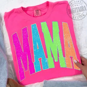 Comfort Colors Neon Varsity Mama Shirt, Playful Distressed Neon Mama Tee, Aesthetic Colorful Mom Graphic Top, Trendy Retro Varsity Motherhood Shirt, Premium Garment Dyed Bright Mama Apparel, Boutique Distressed Sublimation Style Tee