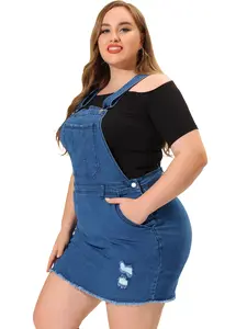 Agnes Orinda Plus Size Denim Dress Adjustable Strap Distressed Suspender Denim Overall