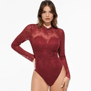 ​​Popilush Deep V-Neck Long Sleeve Bodysuit - Sheer Lace Turtleneck with Built-in Bra Control​ -LIVE Casual Breathable