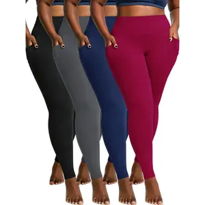 Women's Plus Size 4-Pack High Waist Yoga Pants, Soft Stretchy Lightweight with Pocket Design, Daily Workout Activewear