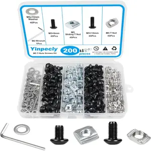 200Pcs M5 T-Nuts Screws Kit, Hammer Head T Slot Nut for 2020 Series Aluminum Extrusion, M5 Hexagon Socket Screws, T Sliding Nut, Washers, Black