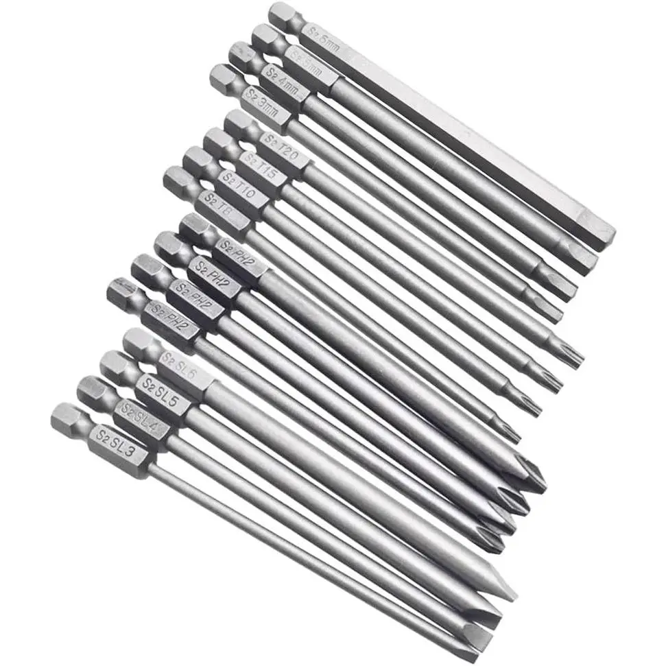 16 count 4-in-1 Multi Long Magnetic  Bit Set with 1/4" Hex Shank Drill Screw Driver Bits Power Tools Kit (Hex Head Allen Wrench, Torx Security, Cross Phillips & Flat Head Slotted Tip)