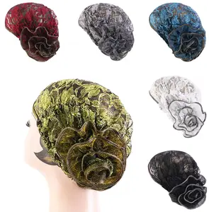 6 Pac Vintage Lace Turban Hat,Women's Headscarf With Big Polyester Flower For Spring And Summer, Stylish Headwear To Cover Thin Hair For Women
