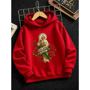 Boys' Hooded Sweatshirt, Red with Saint Jude Thaddeus & Jesus Christ Graphic Print, Long Sleeve Casual Winter Warmth, Comfortable Fit, Christian Apparel for Church Events & Casual Attire