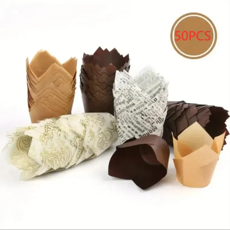 Random Color Flower Shaped Cupcake Liner, 50pcs Heat Resistant Oil-proof Cupcake Paper Cup, Baking Cupcake Paper, Kitchen Baking Utensils, Baking Supplies