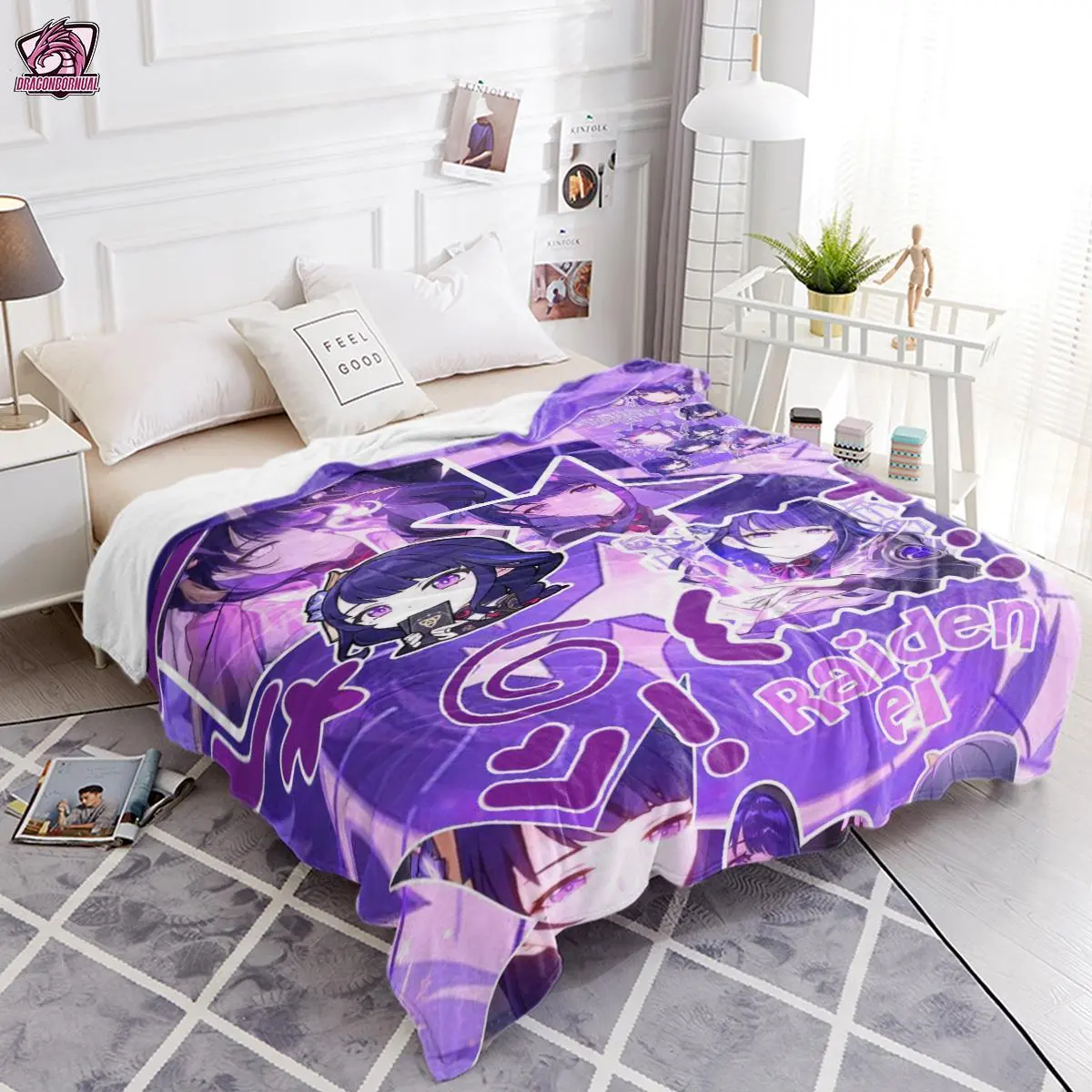 Vintage Anime Genshin Impact Raiden Shogun Collage Soft Blanket - Lightweight, Breathable, Stain Resistant, High-Quality Plush Texture, Slogan Print, Multi-Size, Dry Vertically in Shade, 251110 Father's Day Gift, Sleepovers