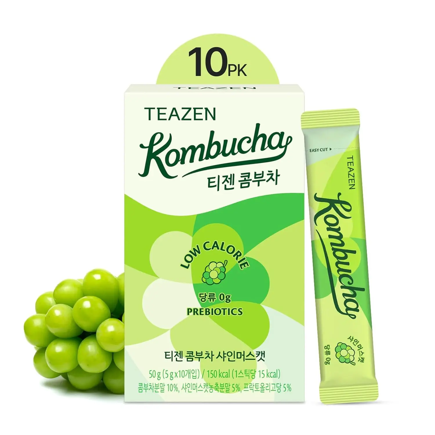 TEAZEN Shine Muscat Kombucha Tea, Electrolyte Powder & Hydration Drink Mix, Sugar Free, Live Probiotics & Prebiotics, 10 Sticks, 1.76oz