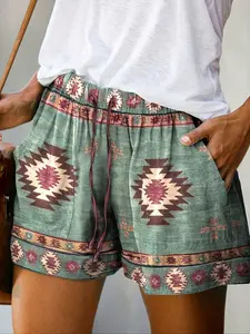 Women's Ethnic Pattern Drawstring Waist Shorts, Casual Bohemian Elastic Waist Pocket Shorts for Daily Wear, Ladies Bottoms for All Seasons, Womenswear, Loose Shorts, Boho Casual Shorts, Casual Relaxed Shorts, Elastic Waistband Shorts