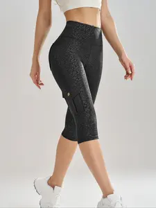 New Spring Fall Women's Sporty High Waist Leopard Print Capri Pants, Pocket Design, Tight-Fit Yoga & Cycling Leggings