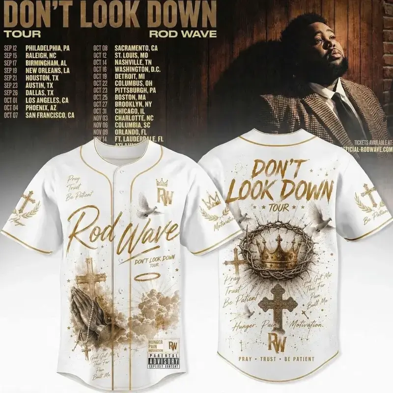 Rod Wave Don’t Look Down Tour 2026 Baseball Jersey, Hip Hop Concert Graphic Shirt, Music Fan Apparel, Button Up Sports Jersey, Streetwear Outfit, Gift for Fans