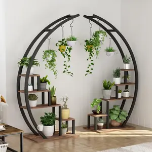 Garvee 5 Tier Metal Round Plant Stand with Half Moon Flower Shelf and 4 Hanging Hooks - Stylish Indoor and Outdoor Garden Plant Holder for Home, Balcony, Living Room, and Garden Decor