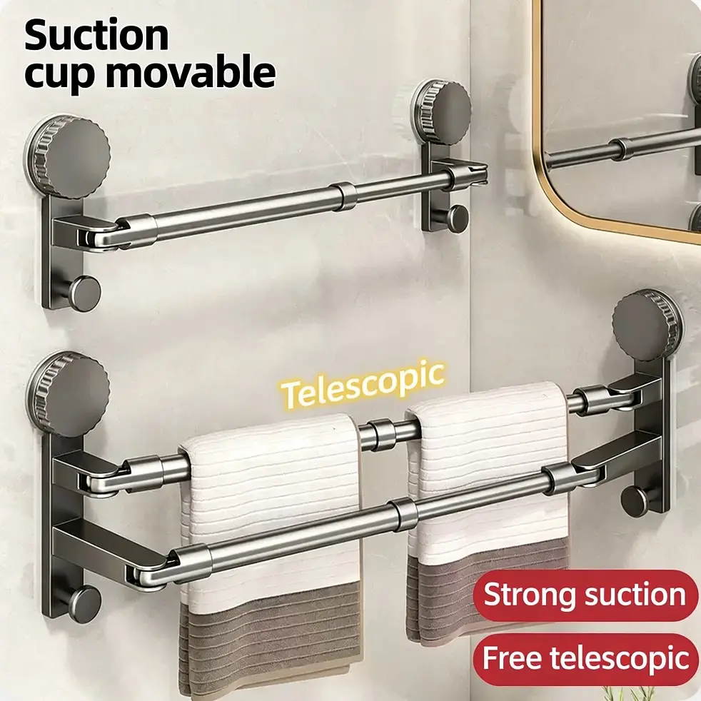 Retractable Suction Cup Towel Rack, No-Drill Bathroom Towel Holder, Wall-Mounted Towel Bar for Bathroom & Toilet