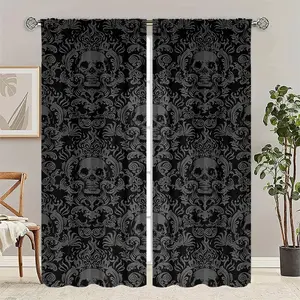 2 pieces Dark Series Skull Head Print, semi-transparent for privacy protection, fade-resistant, machine washable and hand washable, rod-pinned Window Curtains, suitable for bedroom and living room home decoration