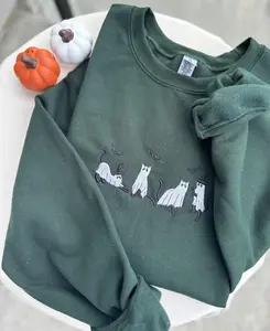 EMBROIDERED Retro Ghost Cats Sweatshirt, Halloween Sweaters, Cat Lover Sweatshirt, Fall Crewneck, Ghost Shirt, Vintage, Oversized, Trendy