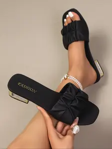 Summer New Ruched Slippers for Women, Chunky Heel Rhinestone Square Toe Sandals, Simple Versatile Outdoor Mules Shoes, Rubber