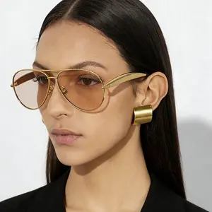 Women's Vintage Oversize Metal Double Bridge Aviator Sunglasses Gold Frame Tinted Lens UV Protection Trendy Casual Accessories for Beach Travel
