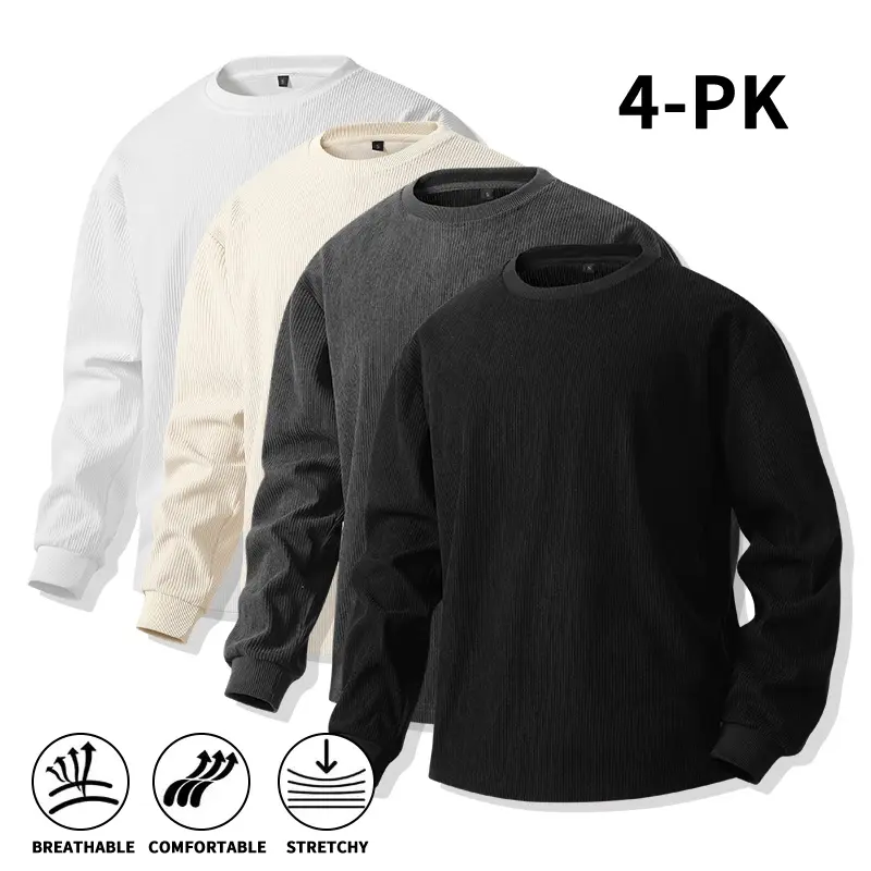 4-Pack Men’s Warm Corduroy Crew Neck Long Sleeve Sweatshirts, Breathable Stretch Pullover Tops for Autumn/Winter, Everyday Layering Outfits (Optional 4-Pack or 2-Pack)