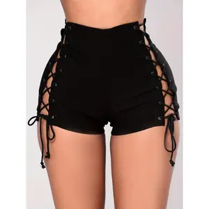 Women'S Fashion Solid Color Lace-Up Shorts, 90% Polyester 10% Spandex Knit Fabric, Casual All-Season Wear Black Party Womenswear Bottom Elegant Chic