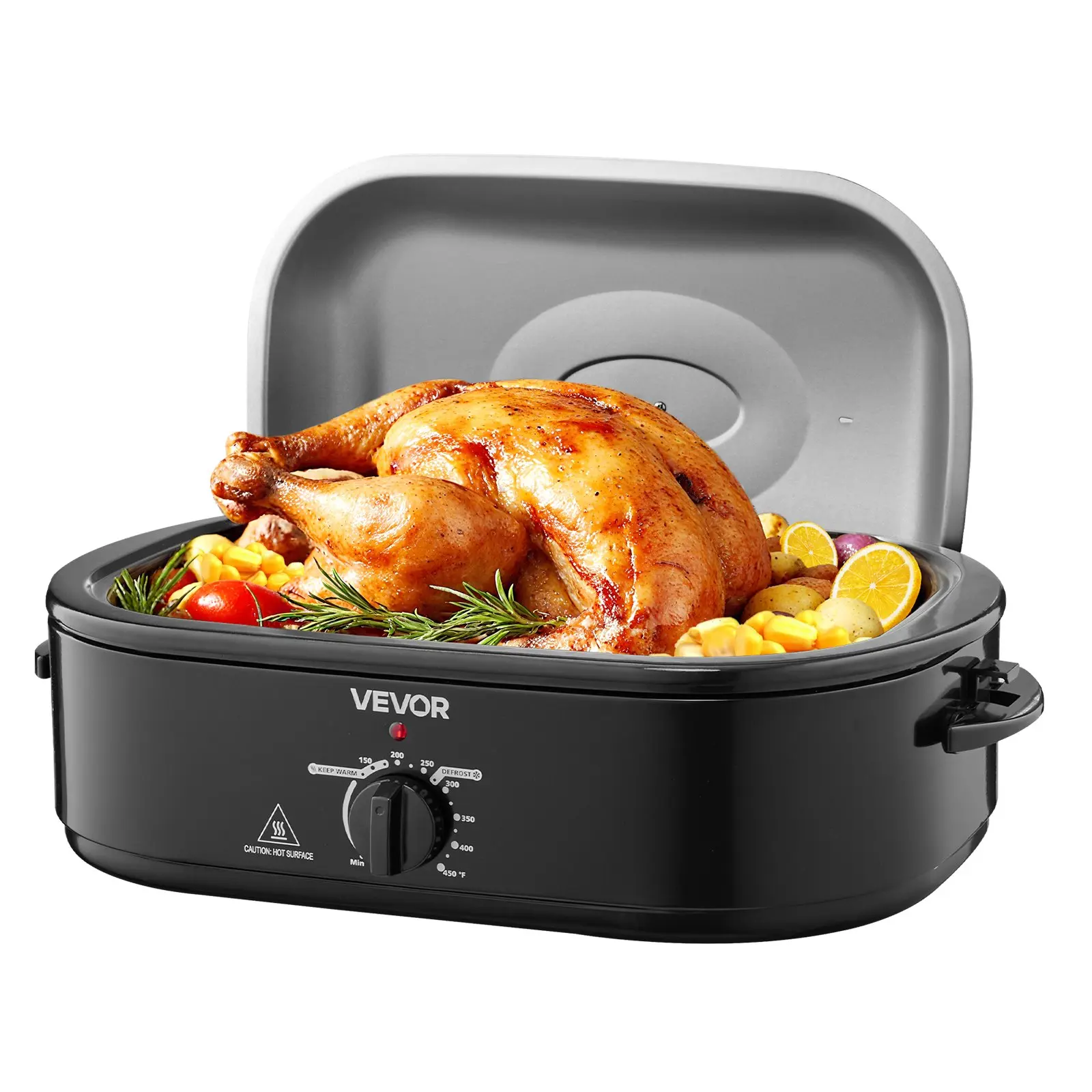 【Summerfinds】VEVOR 18 QT Corded Electric Turkey Roaster Oven - 1450W Iron Coated Kitchen Appliances, 150-450 ℉ Adjustable Temp, Self-Basting Lid, Removable Pan/Rack, Defrost/Warm Functions, 23.31x15.67x11.22 Inch Home Use