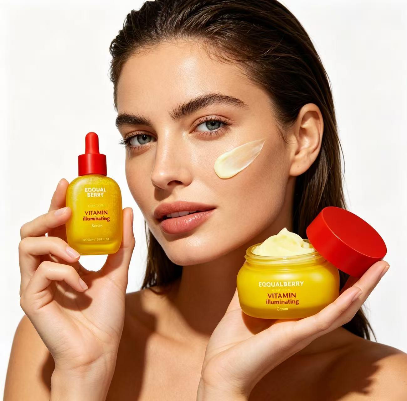 EQQUALBERRY VitaminIlluminating Serum & Cream Set - Vitamin C& Niacinamide | Targets Dark SpotslStrengthens Skin Barrier with CeramidesIGlowy, Lightweight Hydration summerwins
