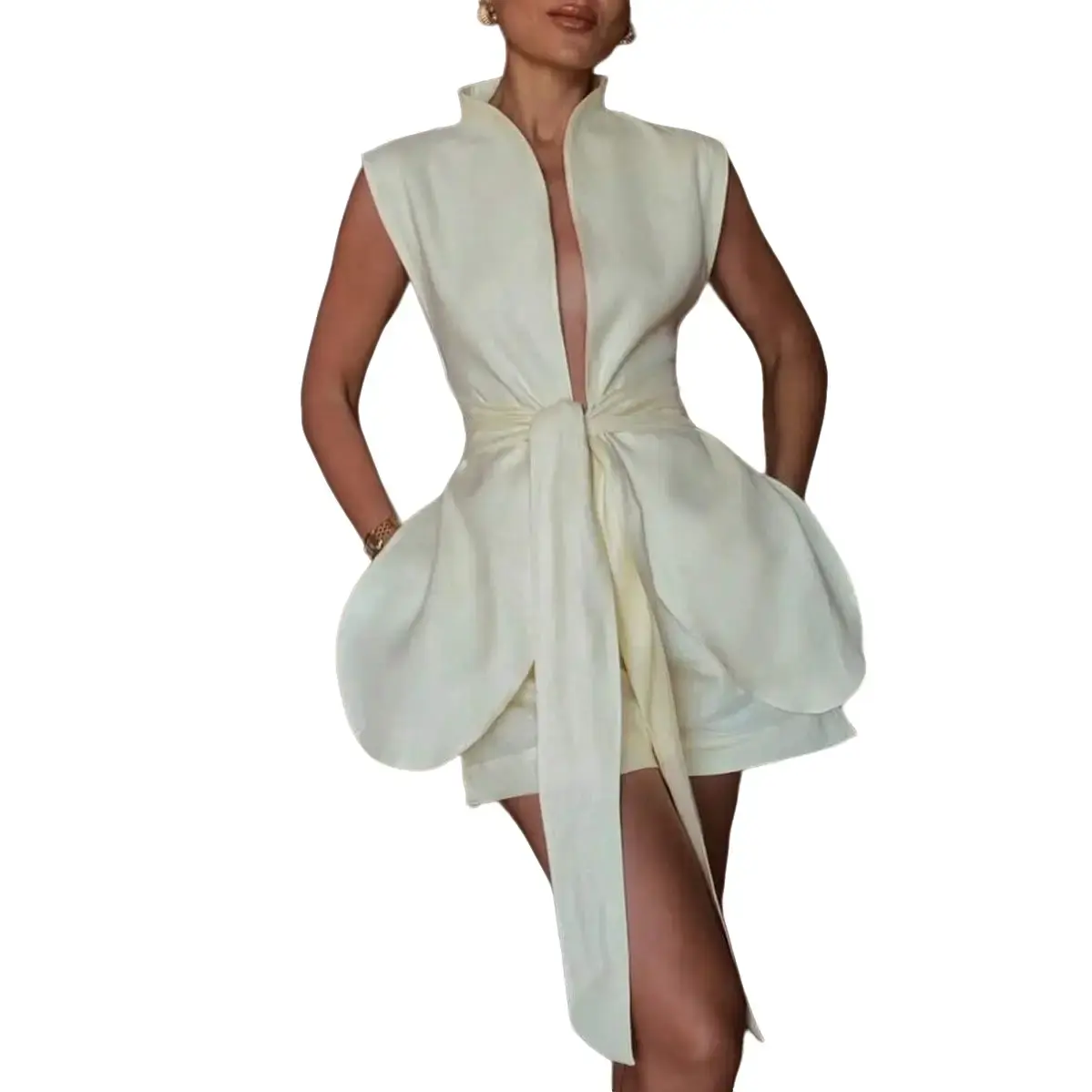 Women's 2-Piece Casual Plain Polyester Shorts Set - Sleeveless Collared Neck Knot Front Top, Regular Fit Lined Bottoms, Machine Washable, Do Not Dry Clean for Summer, 2-Piece Shorts Set, Elegant, Pants, Evening, Fabric, Comfy Sets