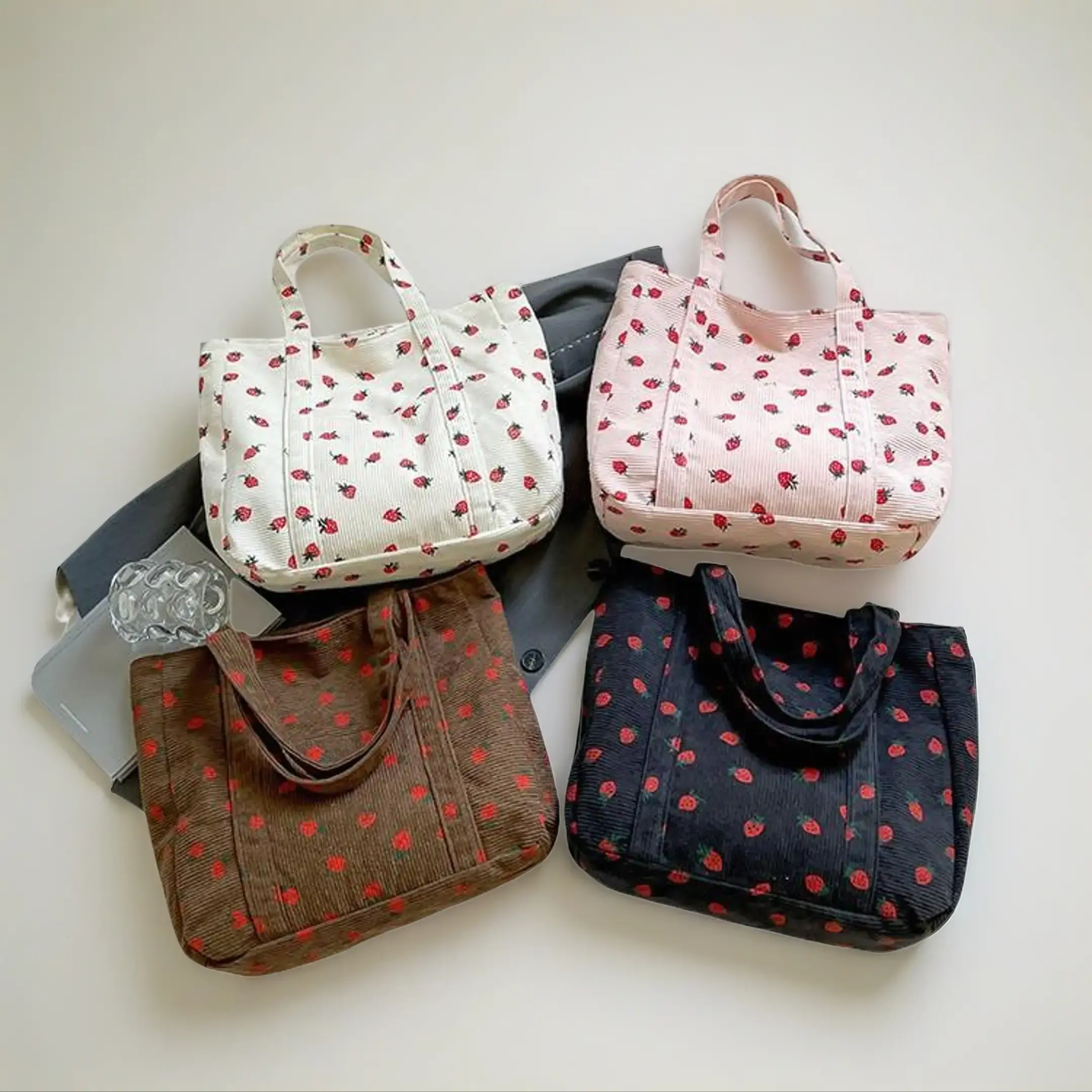 Women’s bohemian-style corduroy tote bag with strawberry print—large-capacity shoulder and crossbody bag for everyday use and parties; a perfect Valentine’s gift for camping and shopping; strawberry-themed bag