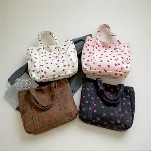 Women’s bohemian-style corduroy tote bag with strawberry print—large-capacity shoulder and crossbody bag for everyday use and parties; a perfect Valentine’s gift for camping and shopping; strawberry-themed bag