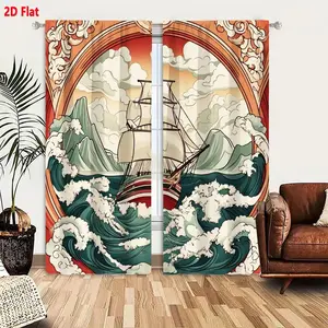 2D Flat Art Nouveau Nautical Ship Teal Waves Light Green Mountains Decorative Red Border Curtain 2-Piece Set, Vintage Style Bold Lines Floral Pattern Window Curtains for Living Room Bedroom, White & Red Sail Ship Themed Curtains