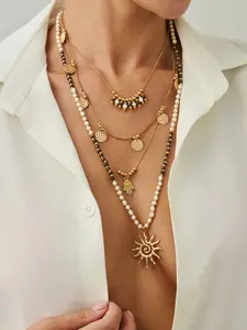 Boho Layered Necklace Set, Sun Pendant + Hollow Gold Coin + Multi-Layer Chains, Vintage Style, Perfect for Beachwear, Mother's Day Gift