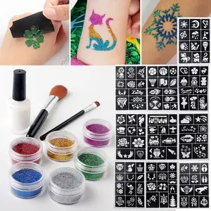 Glitter Tattoo Kit for Makeup Party, DIY Temporary Tattoos, Glitter Colors & Metallic Charms, Mixed Designs, Large Stencils, Party Favors, Glam Pack Glitter