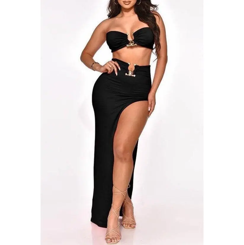 Lola Long skirt of shoulder side open and off shoulder crop tank top bralette set. Comfort Fabric Womenswear Crop Top Day Elegance Style Outfit