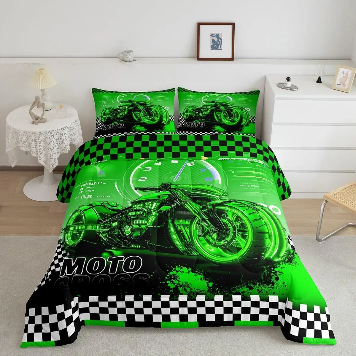 Feelyou Digital Print Motorsport Motorcycle Microfibre Comforter & Pillow Set - Dirt Bike Racing Bedding for Boys, Soft Texture, Machine Washable, Twin/Toddler/Full Sizes, Geometric Modern Decor, Kids Bedding Set, Queen, Multi-Size, Tumble Dry In Low Heat